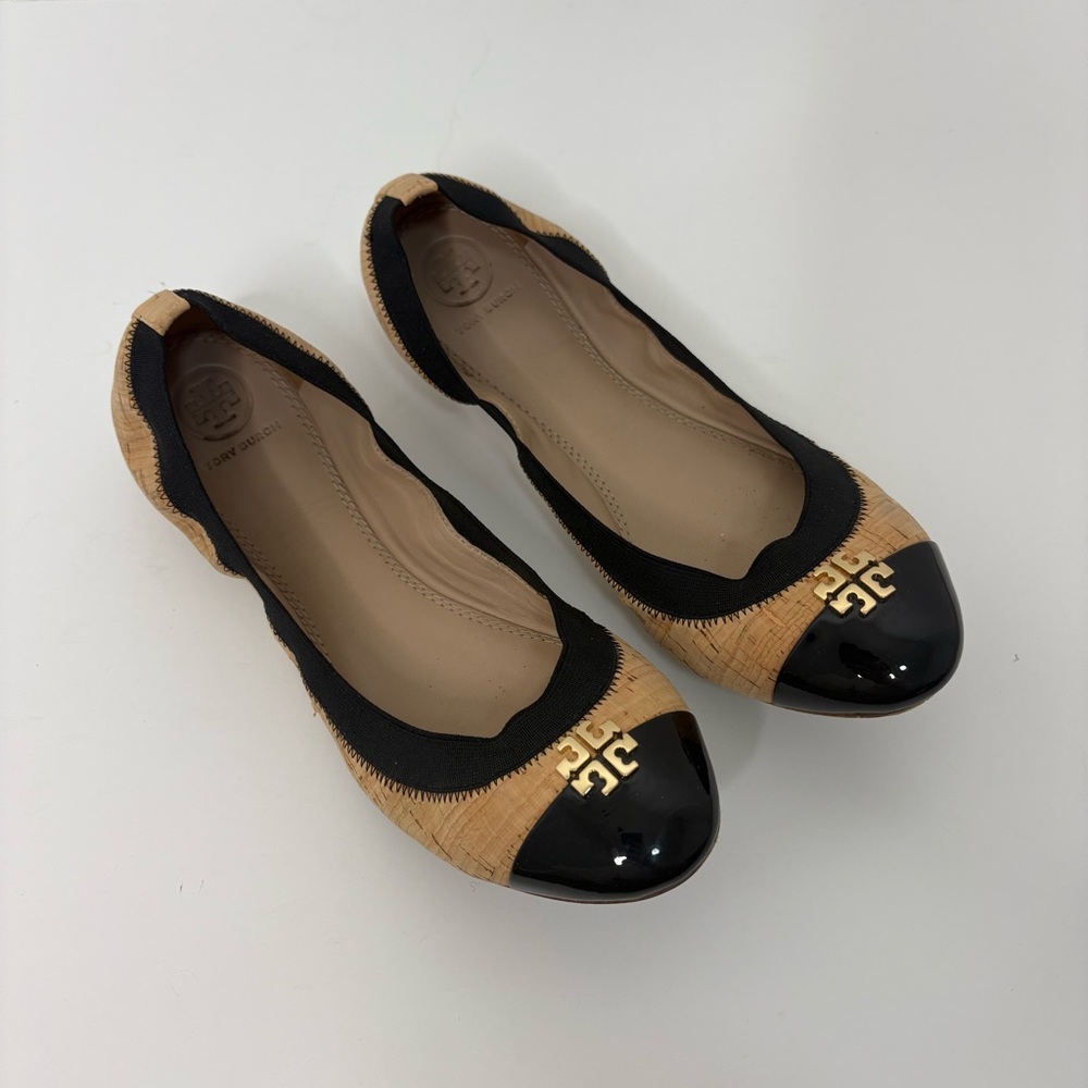Tory Burch Black and Natural Cork Cap-Toe Ballet Flats